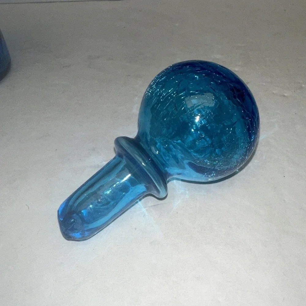 Blue Crackle Glass Decanter W/ Stopper Mid Century Modern MCM